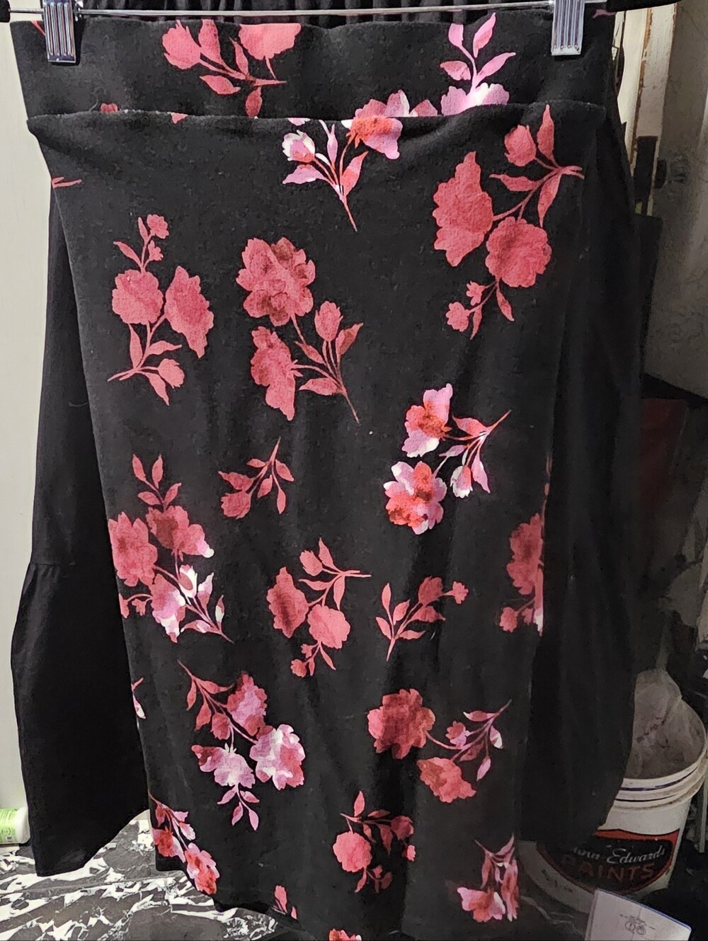 Black Floral Midi Skirt with Pink and Red Blooms